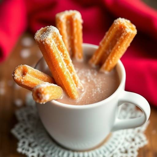 Churros con chocolate caliente servidos en una taza de porcelana blanca.