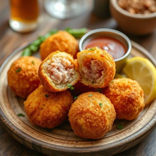 Detalle de una tapa de croquetas caseras de jam&oacute;n, servidas calientes y crujientes