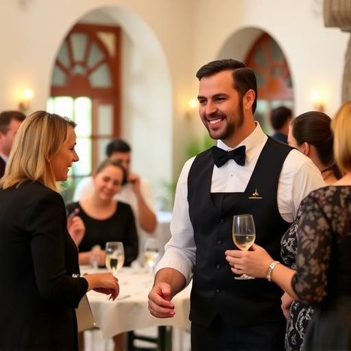 El maitre de El Sol Andaluz dando la bienvenida a los clientes en la entrada del restaurante, con una sonrisa amable y un gesto de hospitalidad