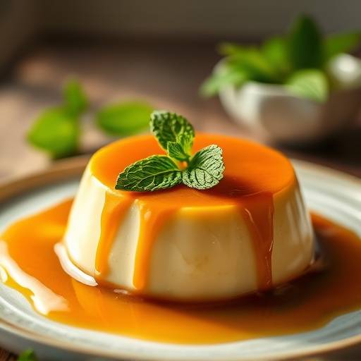 Flan de huevo casero adornado con caramelo l&iacute;quido y hojas de menta fresca.