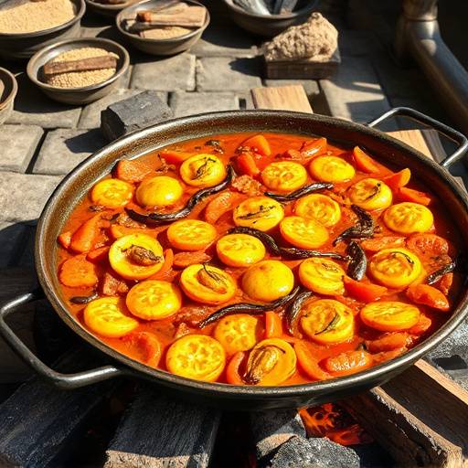 Paella valenciana tradicional en una paellera grande sobre un fuego de le&ntilde;a.