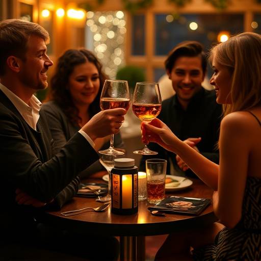 Un grupo de amigos brindando con copas de jerez en el bar de El Sol Andaluz, celebrando una ocasi&oacute;n especial