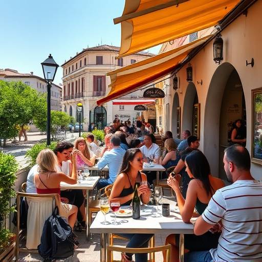 Un grupo de personas disfrutando de tapas en la terraza del restaurante El Sol Andaluz, con sombrillas para proteger del sol