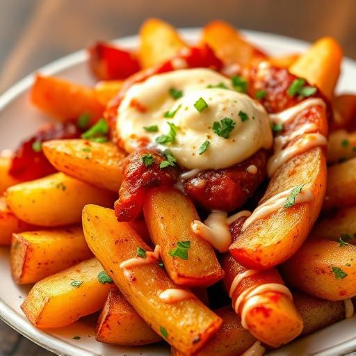 Un plato de patatas bravas, un plato de tapas popular servido con salsa brava picante y alioli
