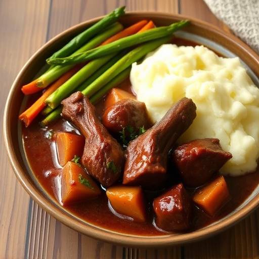 Un plato de rabo de toro estofado servido con pur&eacute; de patatas y verduras al vapor.
